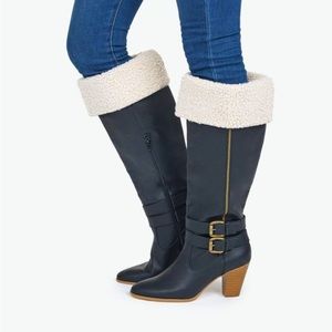 JustFab | Sachi | Black Knee high Boots with Sherpa lining stacked heels | 7.5 W